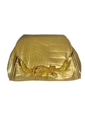Vintage 80’s Gold Leather Croc-Embossed Clutch with Leopard Accent
